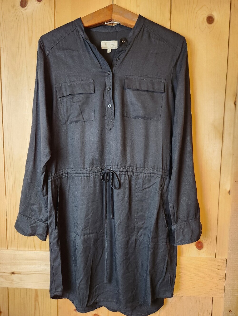 Lou & Grey Black Long Sleeve Button Tab Drawstring Tie Waist Shirt Dress